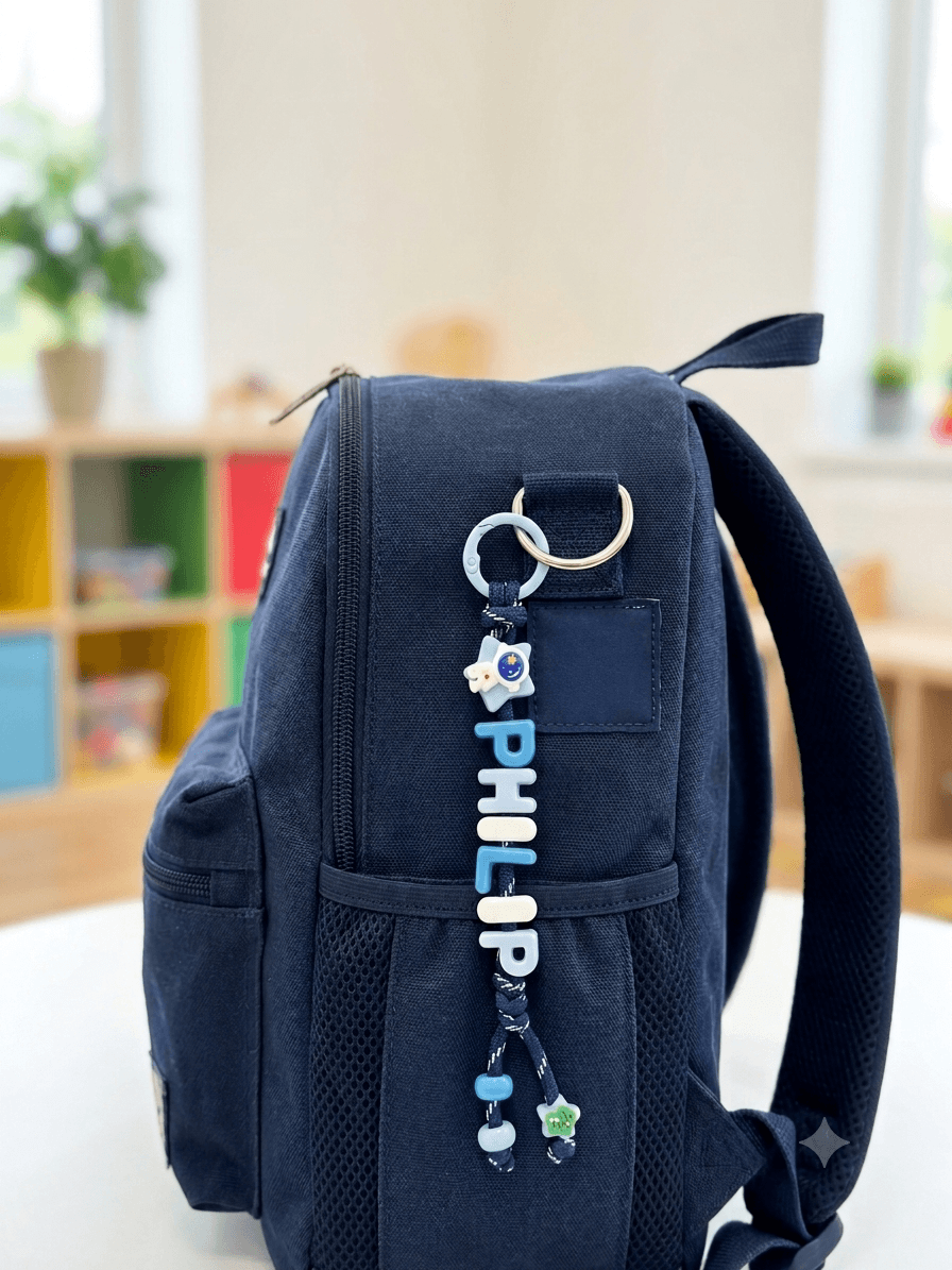 Custom keyring spelling PHILIP on a navy backpack